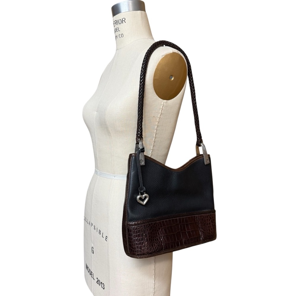 BRIGHTON Bucket Bag Pebbled Leather Black Brown Shoulder Tote Vtg Braided Strap - Picture 3 of 15